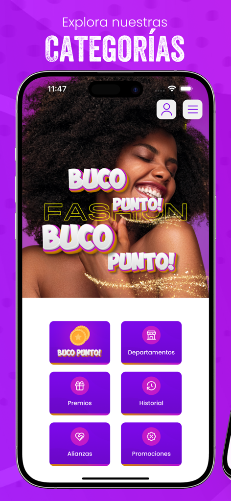 Menú principal de la app de lealtad Buco Punto mostrando categorías de recompensas como puntos, premios y promociones en español