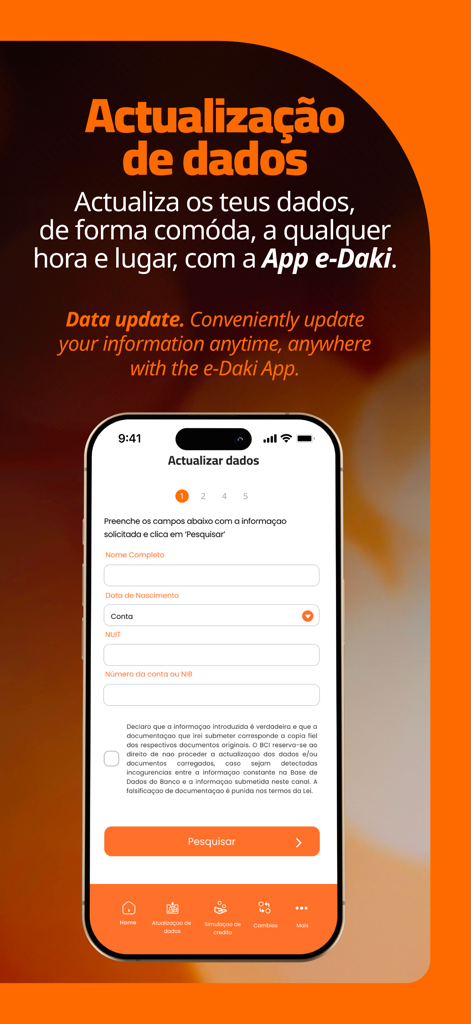 e-Daki - Un smartphone que muestra el formulario de actualización de datos en la aplicación de banca móvil e-Daki para usuarios de BCI.