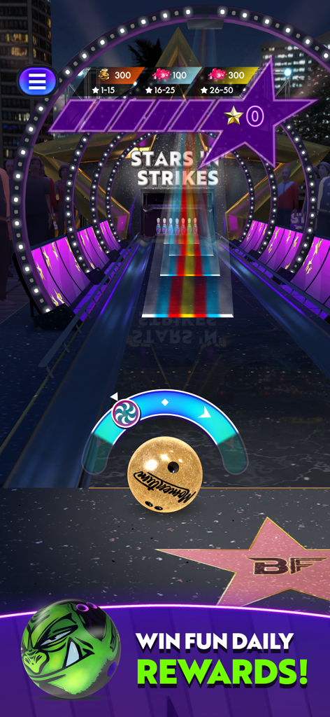 Bowling Fury: Ten Pin King - Modo de juego Stars and Strikes en Bowling Fury mostrando una bola de bolos dorada en una pista de neón