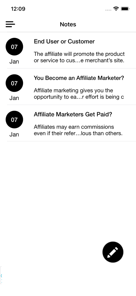 Tela de bloco de notas no aplicativo mostrando notas de estudo salvas para o curso de marketing de afiliados