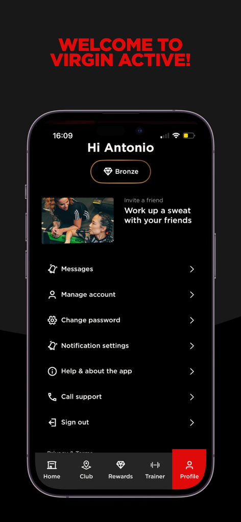 User profile screen in the MyVirginActive app showing membership status and account settings