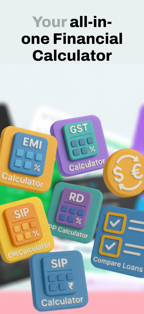 Iconos 3D que representan características de EMI, GST, SIP y comparación de préstamos en la aplicación de calculadora financiera