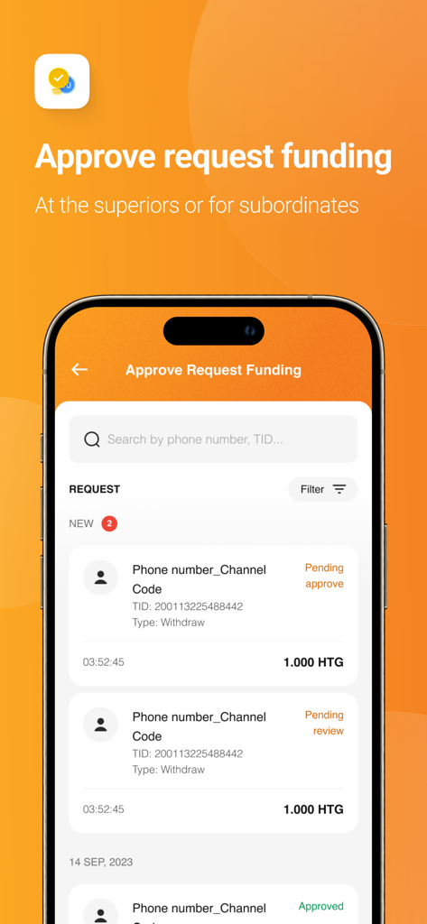 Pantalla de la aplicación Agente Natcash que muestra una lista de solicitudes de financiación pendientes para aprobación con detalles de la transacción