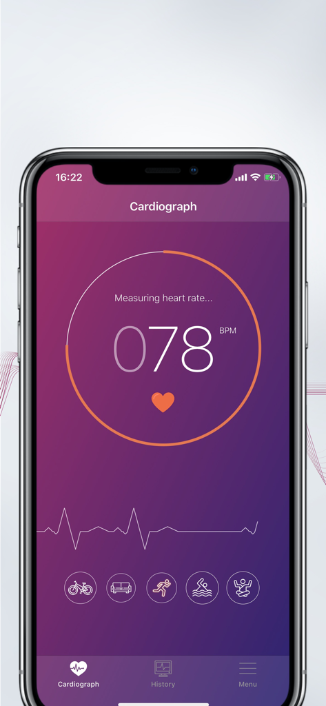 Cardiograph app interface showing a heart rate reading of 78 BPM and a real-time heartbeat pulse graph.