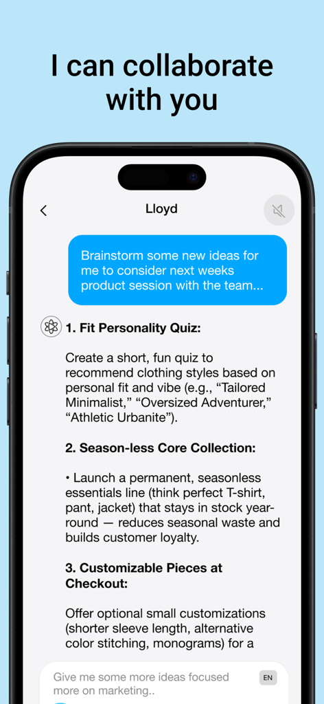 Lloyd - Your AI Superpower - El asistente Lloyd AI proporciona una lista de ideas creativas de productos en una interfaz de chat.