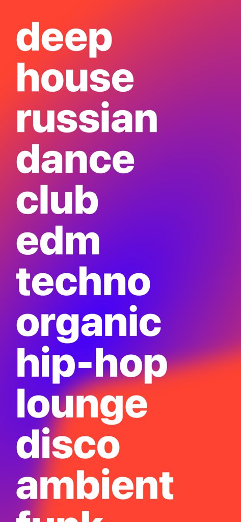 Music genres list including deep house and techno on a purple and red gradient
