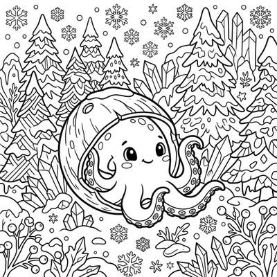 Meet the cutest coconut octopus as it enjoys a snowy adventure in a whimsical winter wonderland. This unique coloring page blends ocean charm with festive cheer, inviting you to add your favorite hues.