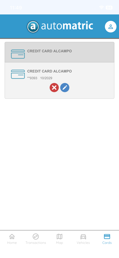 automatric - Interfaz de la aplicación Automatric que muestra una lista de tarjetas de crédito registradas para pagos automatizados de combustible.