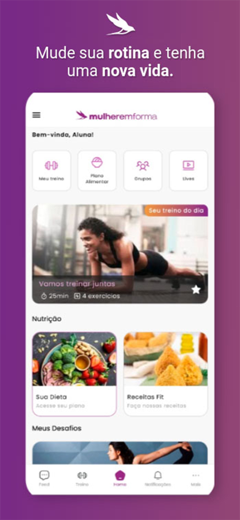 Mulher Em Forma - Home screen of the Mulher Em Forma app featuring workout routines and nutrition plans in Portuguese.