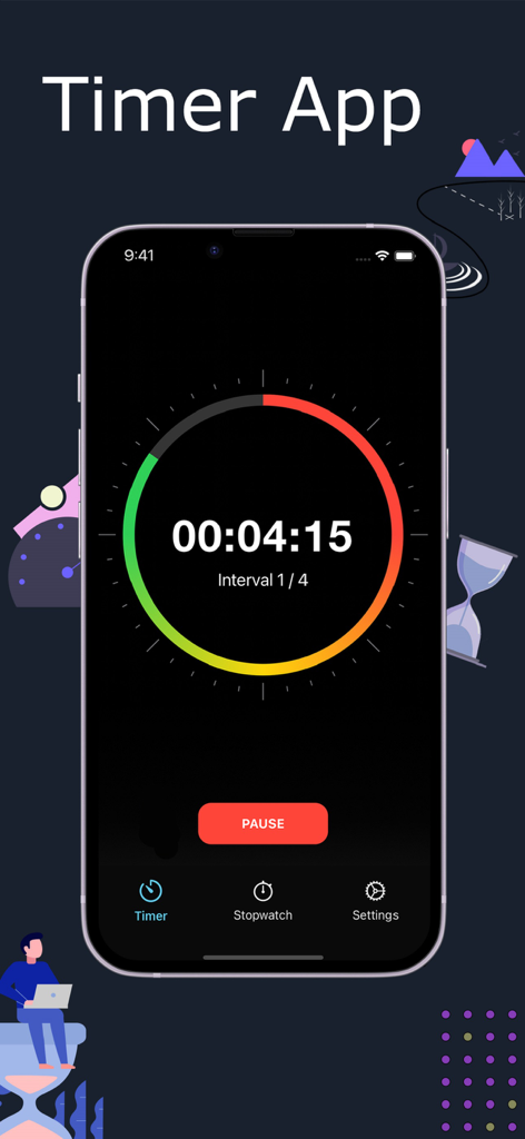 Timer Stopwatch App - Digital interval timer with colorful progress ring in dark mode