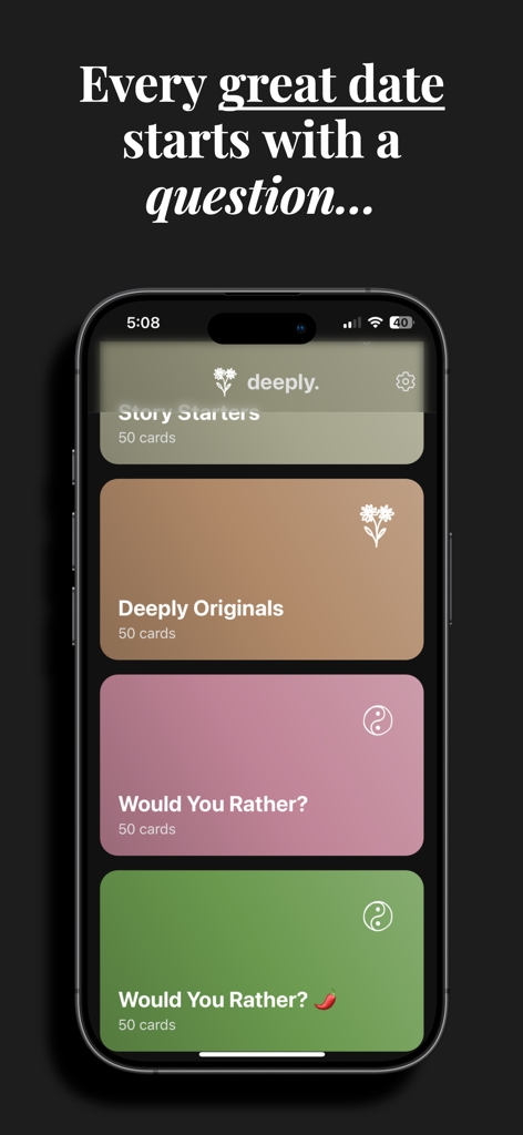 deep conversations: deeply - La interfaz de la aplicación deeply mostrando diferentes mazos de preguntas para conversaciones significativas