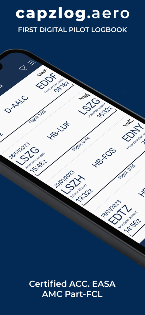 capzlog.aero pilot logbook - A digital pilot logbook interface showing flight records and EASA certification.