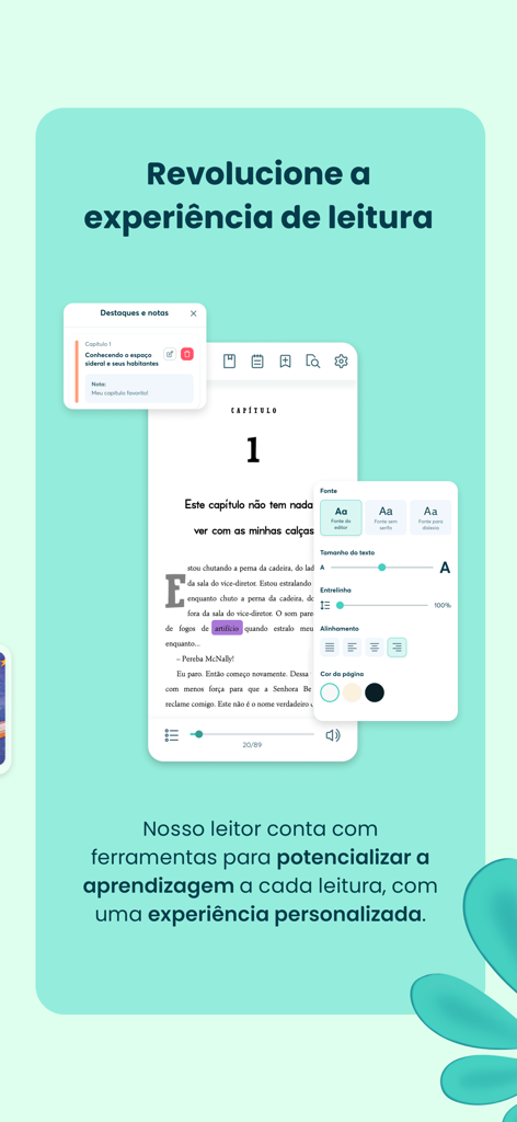 Árvore - A interface do leitor digital do aplicativo Árvore exibindo opções de acessibilidade como tamanho da fonte, estilo e configurações de cor da página.
