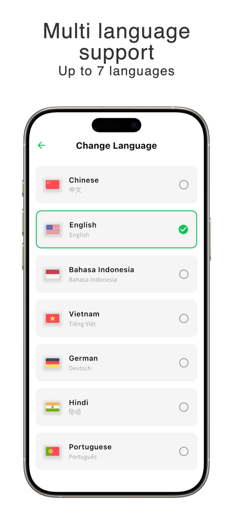 Keepm Secure - Pantalla de configuración de idioma de la aplicación Keepm Secure mostrando soporte para múltiples idiomas