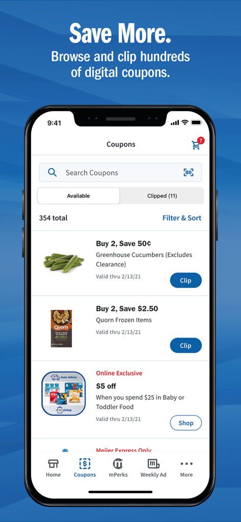 Meijer app interface showing digital coupons and mPerks savings for grocery items