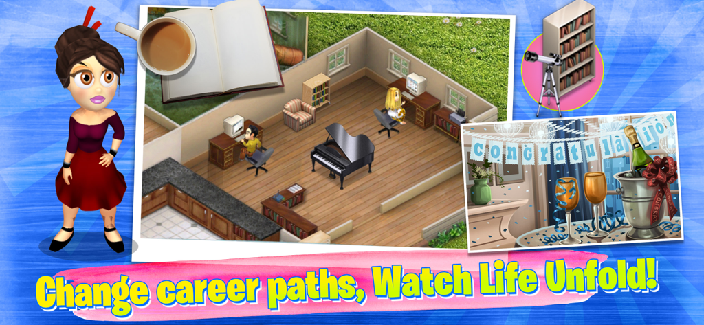 Virtual Families 2 Dream House - Captura de pantalla del juego de Virtual Families 2 que muestra a los personajes trabajando en escritorios en una habitación amueblada y una escena de celebración con champán.