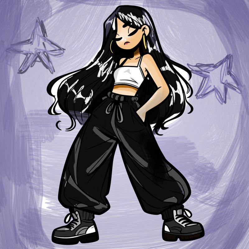 girl in baggy pants crop top and long hair