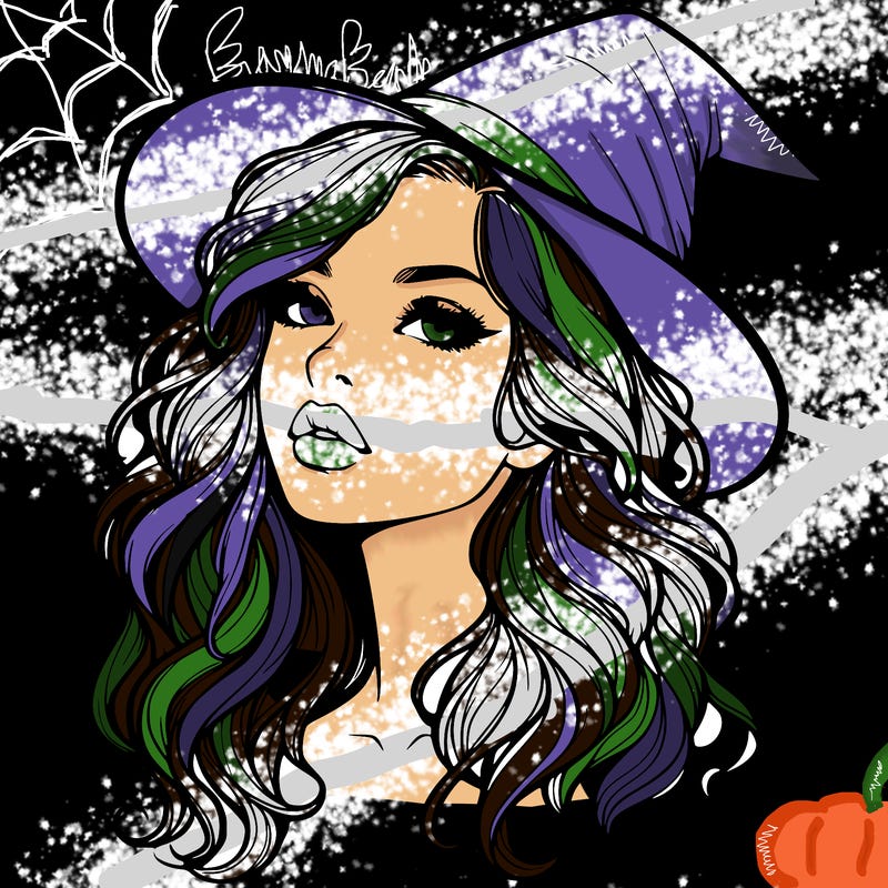 realistic witch girl with wavy hair and lips