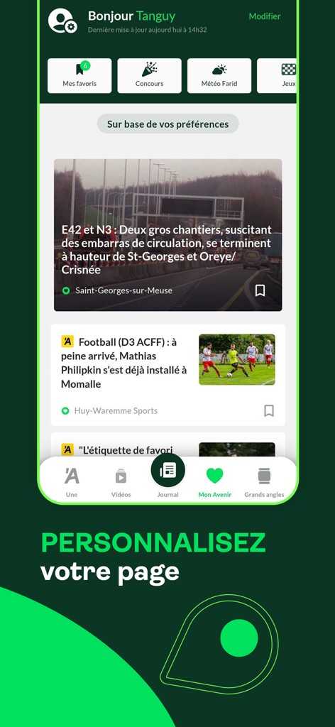 L'Avenir 뉴스 앱 스크린샷: 지역 뉴스 및 스포츠 업데이트가 포함된 개인화된 홈페이지 표시