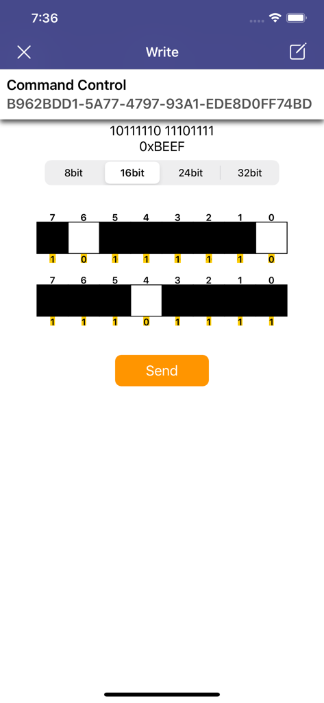 Interface for writing binary and hex data to a Bluetooth Low Energy characteristic with a bit level editor.