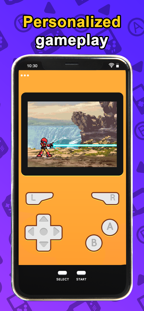 Delplay GBA emulator - Smartphone screen showing the Delplay GBA emulator with a retro game running on an orange classic handheld skin.