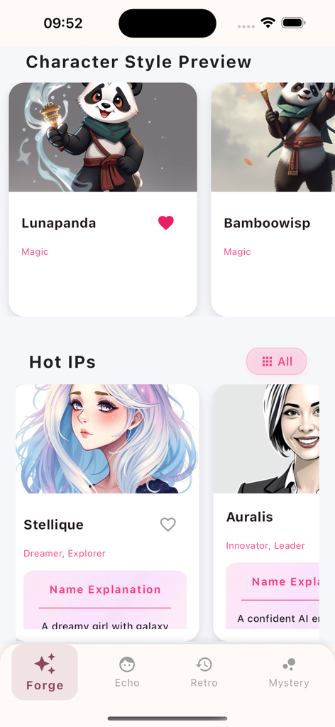 Kiskiss - Interfaz de la app móvil Kiskiss mostrando estilos de personajes IA y previsualizaciones de avatares.
