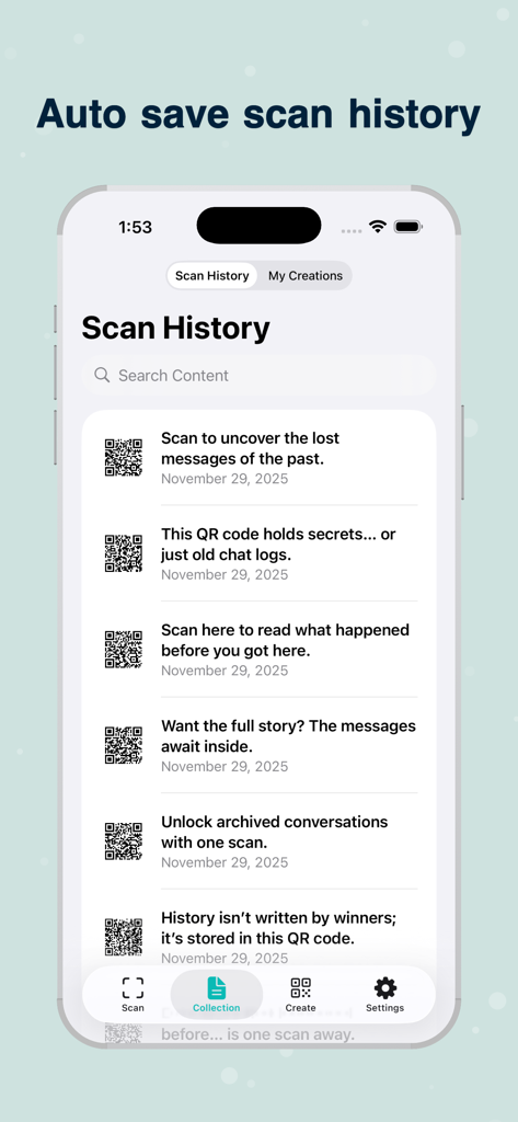 Interface do aplicativo QScan mostrando a lista de histórico de digitalização automática de códigos QR e barra de pesquisa
