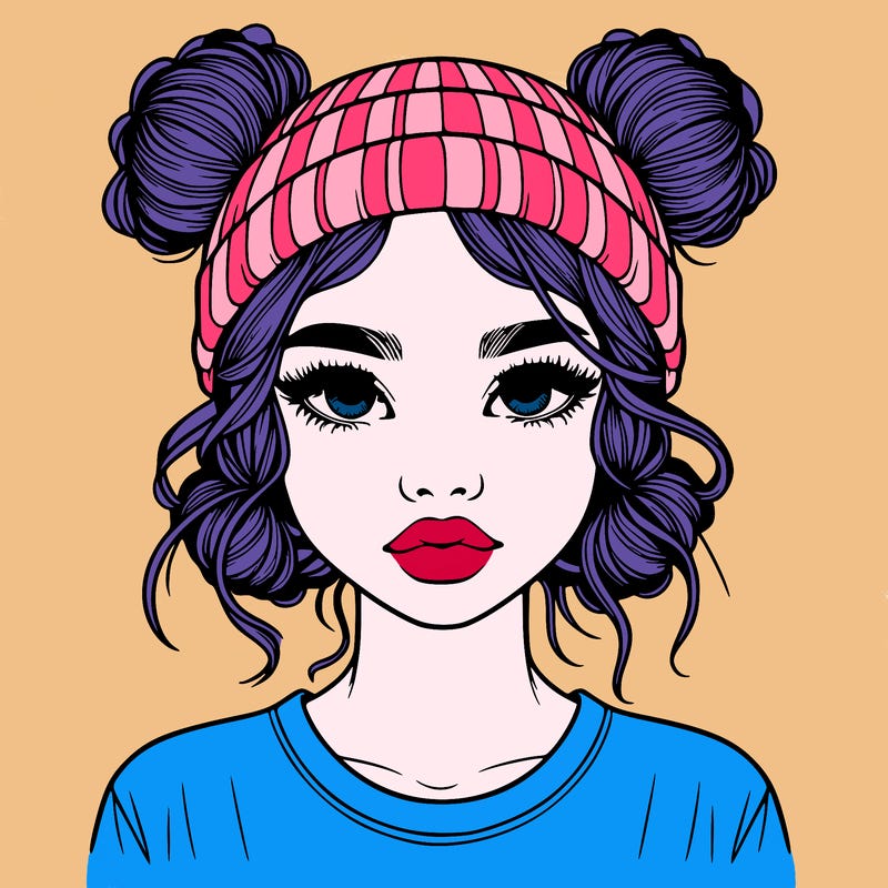 realistic girl with buns in her hair with a beanie on