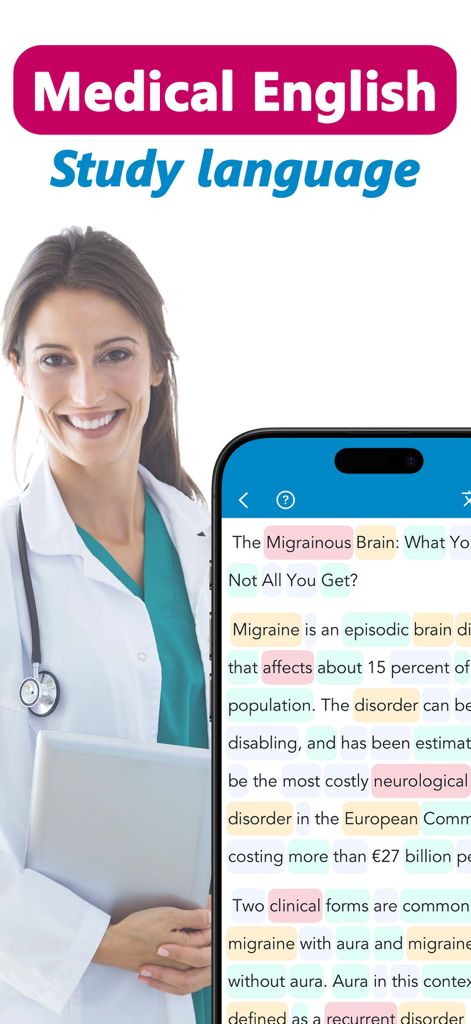 Medical English for Doctors - Doctora junto a un smartphone mostrando un artículo de inglés médico con términos clínicos resaltados