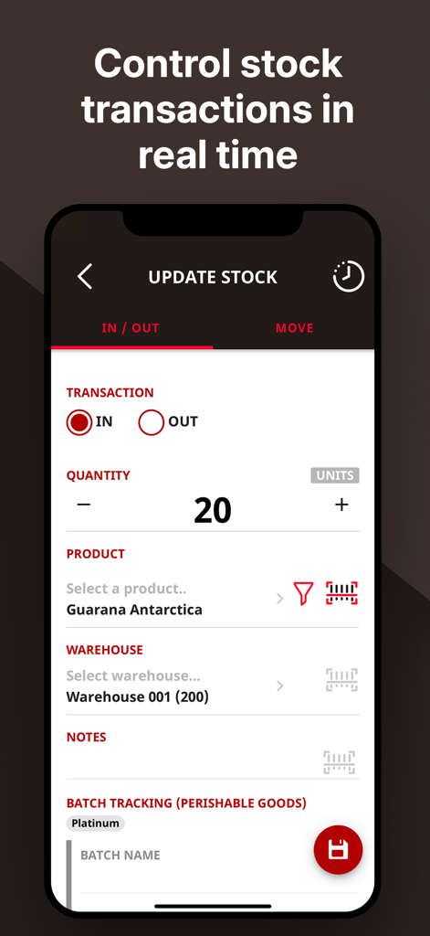 Telesto: Inventory Management - A mobile screen showing the real time stock update interface of the Telesto app