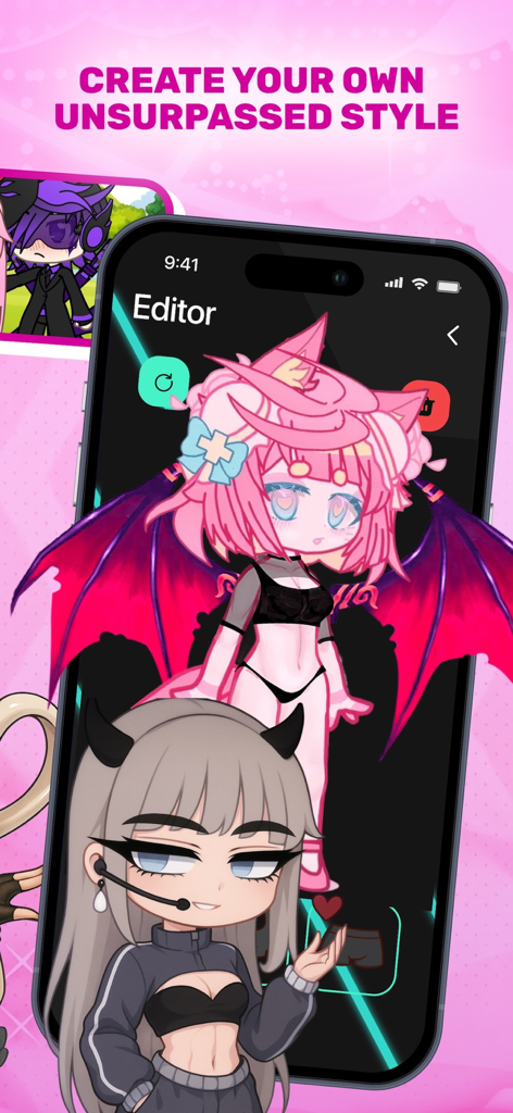 Gacha Life Club: Mods, Skins - Interfaz de la aplicación Gacha Life Club mostrando un editor de personajes con un avatar de anime rosa personalizado