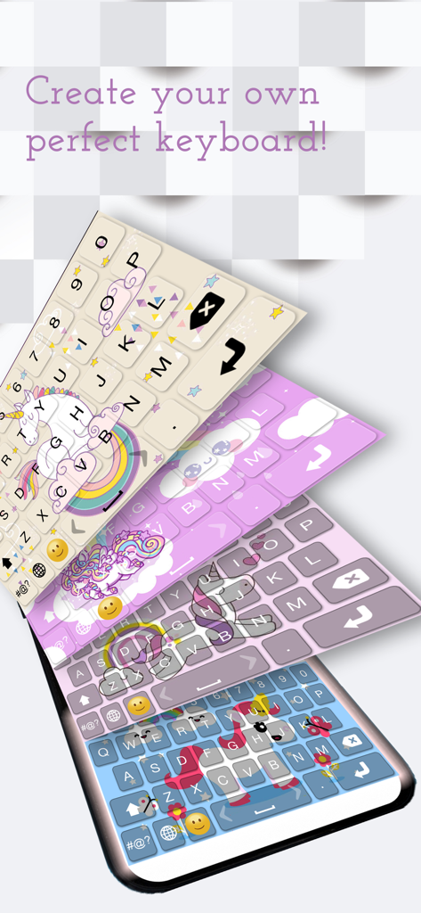 KeyPro – Keyboard Themes Fonts - Una pila de teclados personalizados de teléfonos inteligentes coloridos con diseños de unicornios y nubes