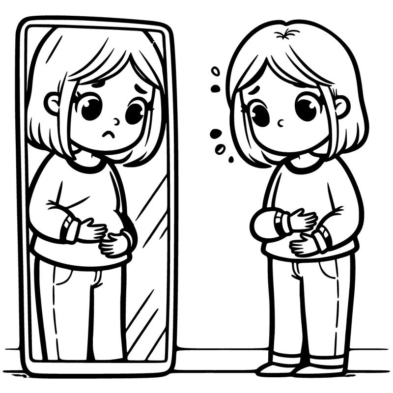 girl looking in front of a full length mirror clutching her stomach unconfident