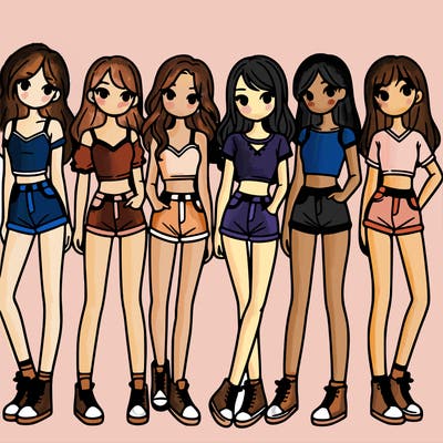 a group of girls wearing crop tops and shorts