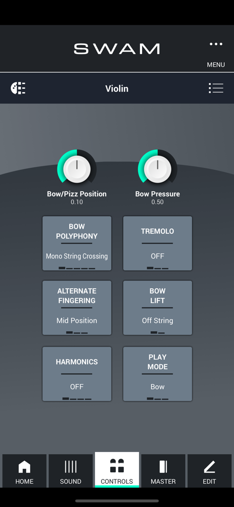 Interface of the SWAM Violin app controls tab showing settings for bow pressure and position
