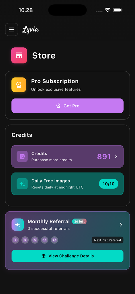 Lyvia - Lyvia app store interface displaying pro subscription options and credit balance
