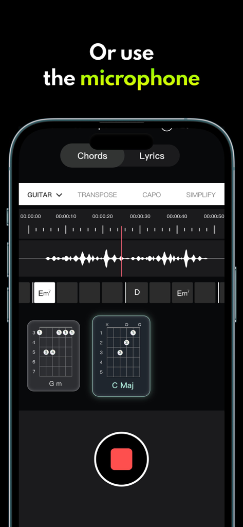Chord it - Tune & Play Guitar - Chord it app interface showing real-time AI chord detection using a smartphone microphone with guitar diagrams.
