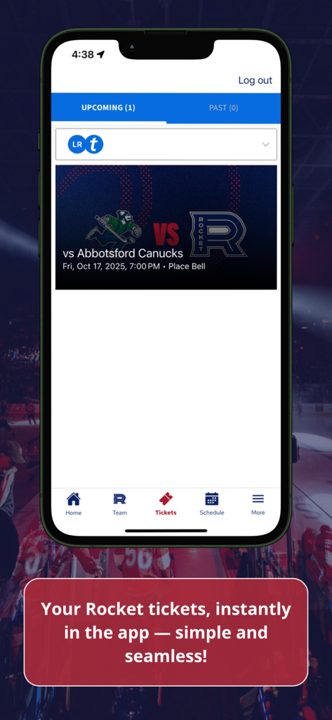 Laval Rocket - Laval Rocket mobile app tickets section showing an upcoming game against the Abbotsford Canucks