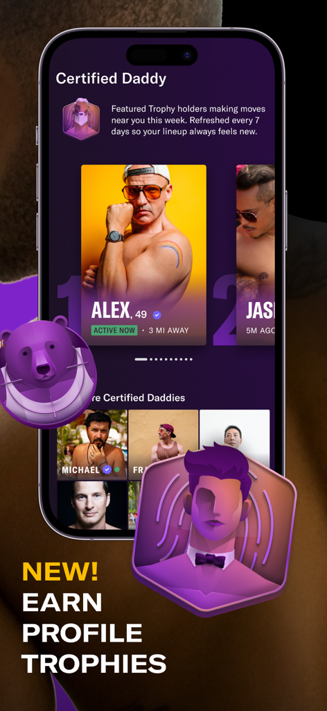 Archer: Gay Dating & Chat - The Archer gay dating app interface showcasing the new Profile Trophies feature and Certified Daddy status.