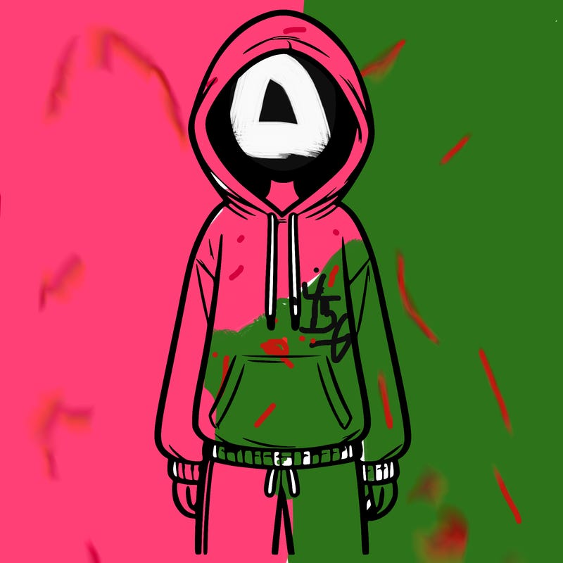 faceless girl in a tracksuit with a hood on and no hair