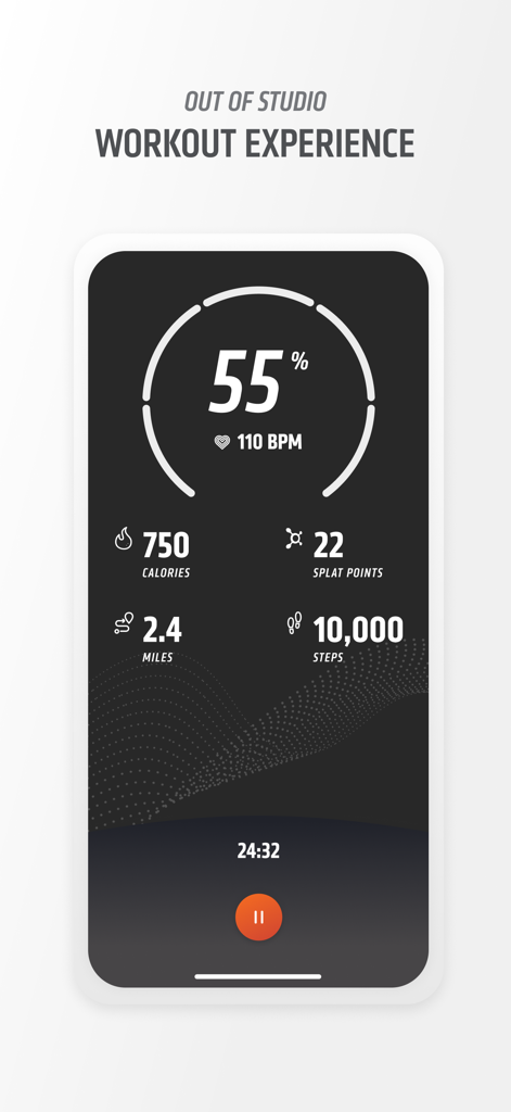 Orangetheory app screen showing real-time out-of-studio workout metrics including heart rate calories burned and splat points