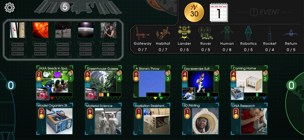 Captura de pantalla del juego de la aplicación de la NASA que muestra tarjetas de proyectos de investigación y el progreso de los objetivos de la misión