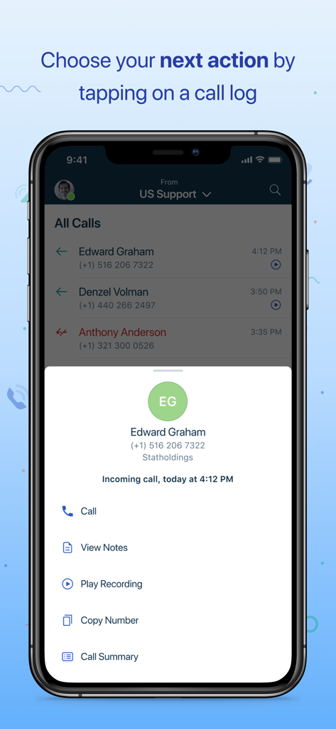 Interfaccia dell'app mobile Freshcaller che visualizza un registro chiamate e un menu con azioni di follow-up come la visualizzazione di note e la riproduzione di registrazioni.