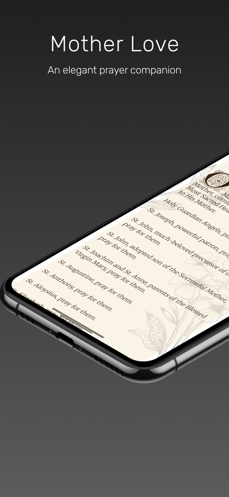 Mother Love - Mother Love app screenshot showing traditional Catholic prayers on a parchment background