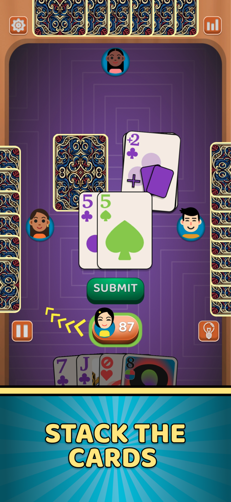 Écran de jeu du jeu de cartes Crazy 8 présentant de grandes cartes faciles à lire et une invite à empiler les cartes sur fond violet