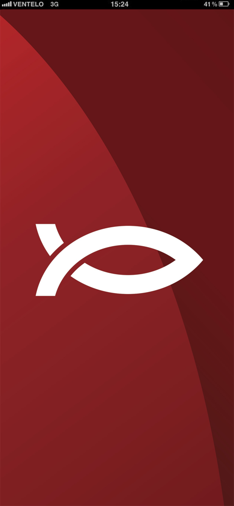 Simbolo cristiano bianco a forma di pesce su uno schermo di avvio con sfumatura rosso scuro.