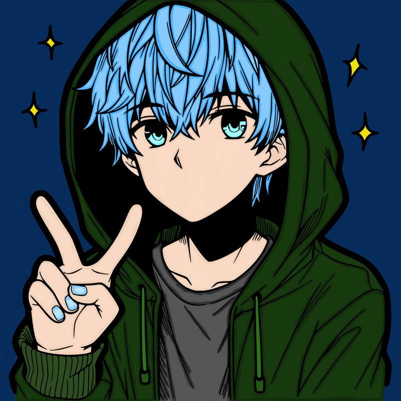 teenage manga boy in a hoodie, doing ✌