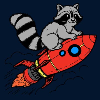 realistic raccoon flying on top rocket ship