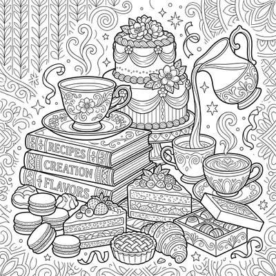 Step into a world of culinary charm with this intricate Food and Drink coloring page. Featuring an array of delicious desserts and comforting beverages, it's a perfect treat for coloring enthusiasts.
