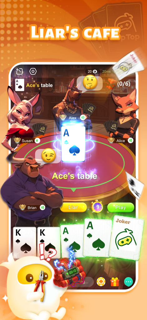 Interfaz del juego de cartas Liar's Cafe de TopTop, con avatares de animales y indicadores de chat de voz integrados